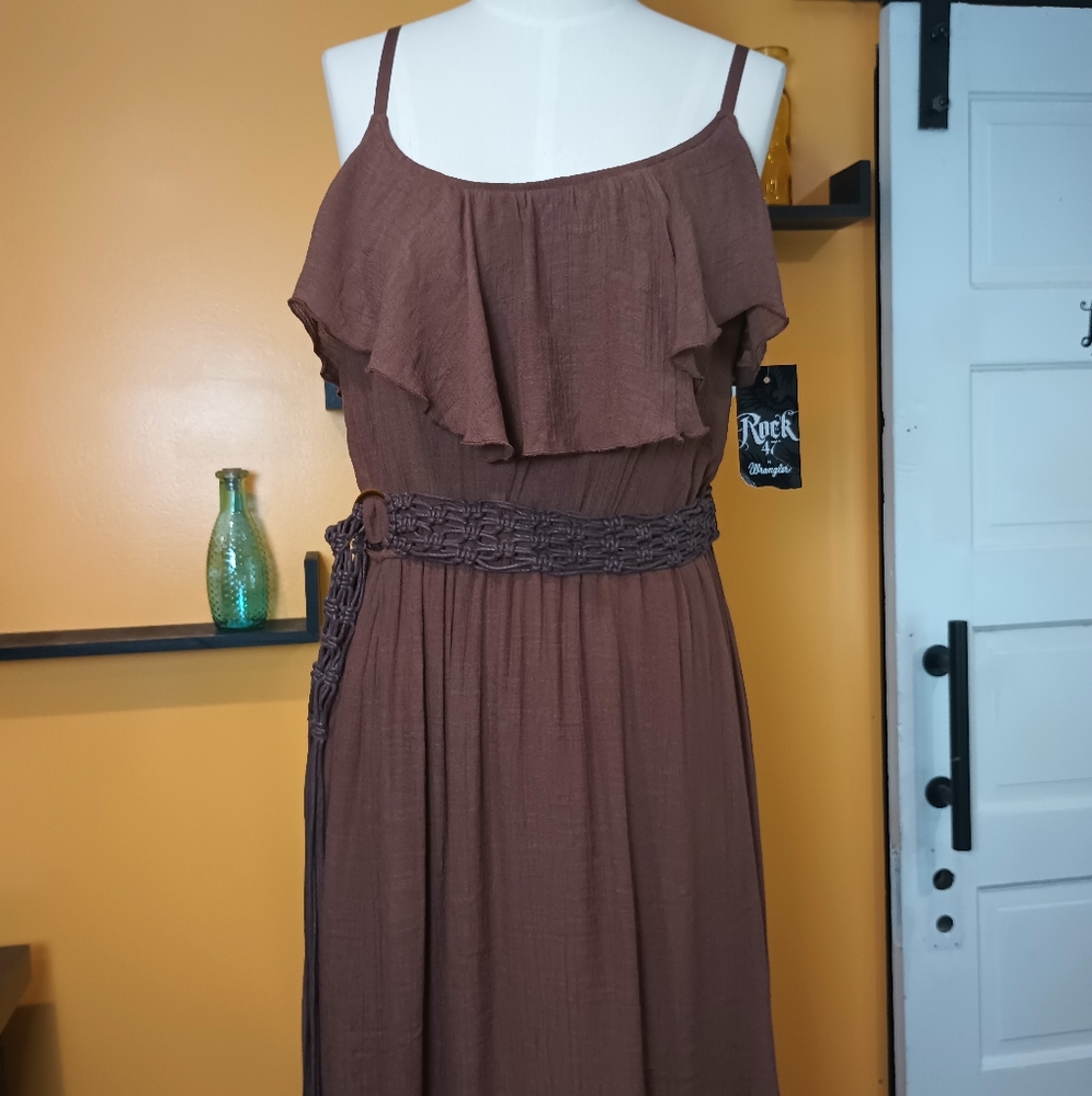 Rack 47 By Wrangler Brown Belted  Spaghetti Strap Ruffle Dress Size XL - Picture 5 of 16